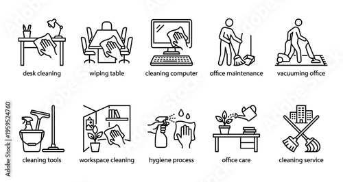 A clean and modern set of line art icons depicting various office cleaning tasks, promoting hygiene and professional maintenance.