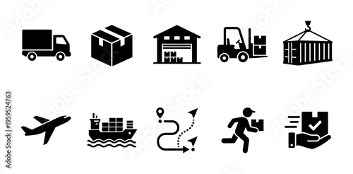 A collection of simple, clean black and white icons representing various aspects of logistics, shipping, and delivery services, perfect for web design and presentations.