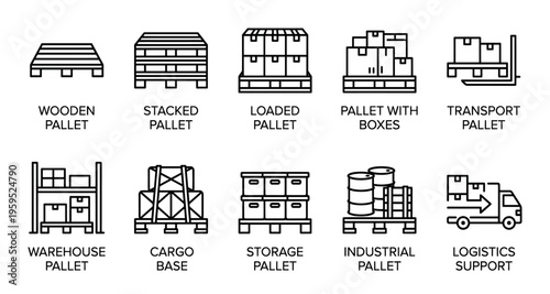 A clean, minimalist collection of line art icons illustrating various aspects of logistics, warehousing, and shipping, perfect for business and industrial use.