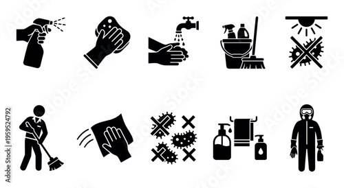 A collection of black vector icons depicting various hygiene and cleaning activities, including sanitizing, washing hands, and preventing germ spread.