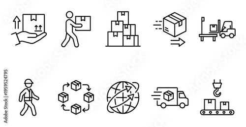 A collection of simple, clean line art icons illustrating various aspects of logistics, including shipping, delivery, and transportation processes.