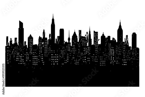 City Skyline Heavy Rain Downpour Urban Weather Stormy Night Climate Black Vector Silhouette