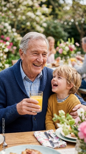 Happy Senior Man and Young Boy Laughing During Outdoor Family Brunch in Spring Garden with Orange Juice and Flowers