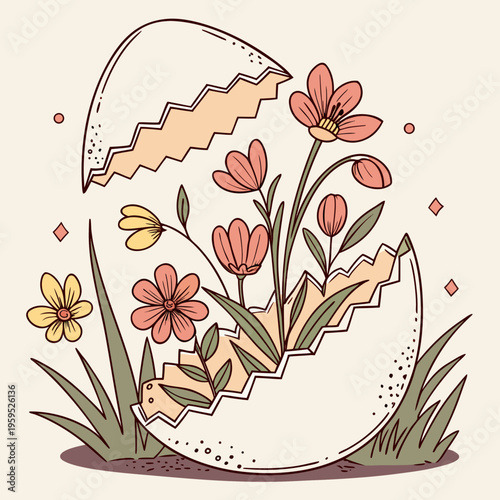 A colorful illustration of flowers growing out of a cracked eggshell in a whimsical design