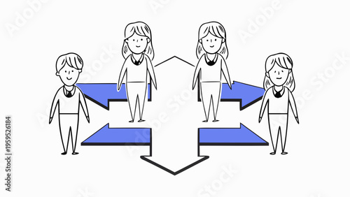 Four simplified figures aligning arrows in a circular motion for teamwork and partnership