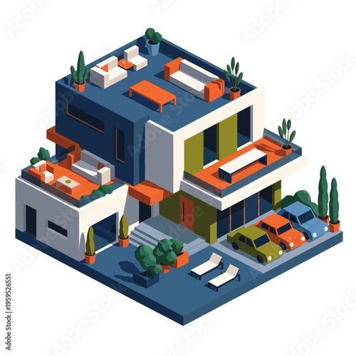 A modern, multi-level isometric house with a rooftop patio, balcony, and a driveway with cars.