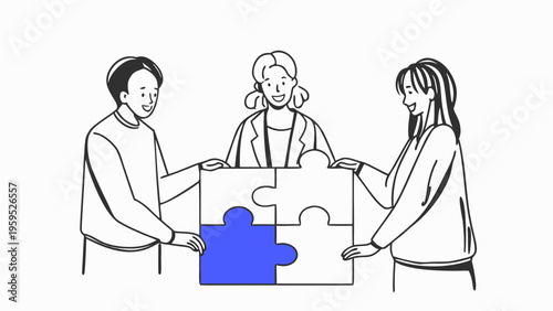 Diverse team collaborating on a shared puzzle project with a blue piece