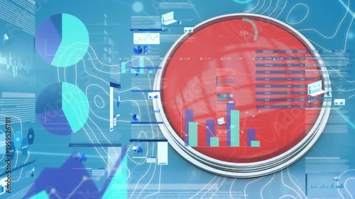 Animation of data processing and red button over blue background