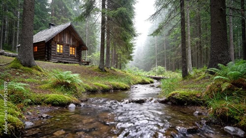 Rustic Log Cabin by Forest Stream in Misty Pine Woodland