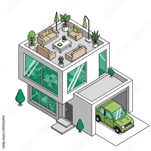 A modern, multi-story house with a rooftop patio, large windows, and an attached garage featuring a green car.