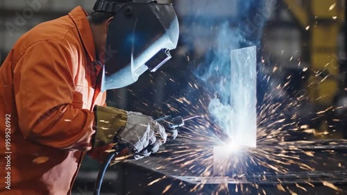 Industrial Welder Performing Arc Welding on Steel Plate With Sparks