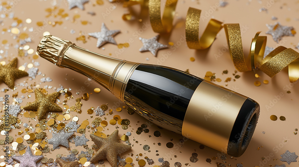 Obraz premium Luxury champagne bottle surrounded by golden confetti and festive decorations symbolizing celebration and success.