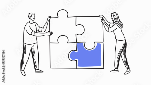 Team members passing puzzle pieces to each other in a line drawing style collaboration and teamwork concept with a blue puzzle piece