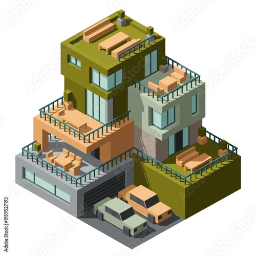 An isometric illustration of a modern multi-story house with balconies, rooftop terraces, and a garage with cars.