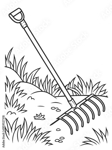 Simple black and white illustration of a garden rake resting on the ground surrounded by grass and leaves