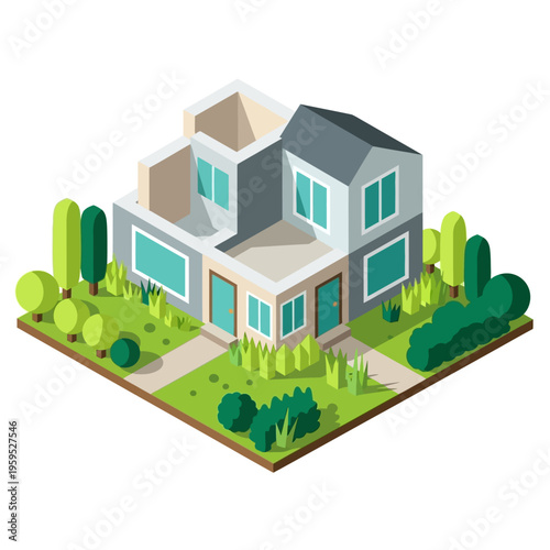 Isometric view of a modern house under construction, showcasing its architectural design and surrounding landscape.