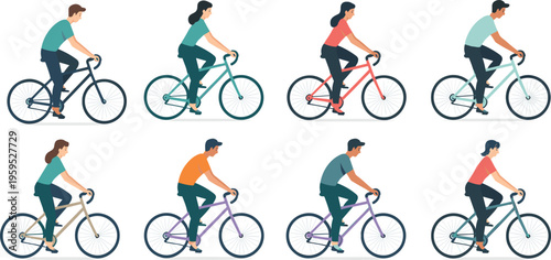 Flat vector illustration set of diverse people riding bicycles for healthy lifestyle commute urban transportation and outdoor fitness activities.