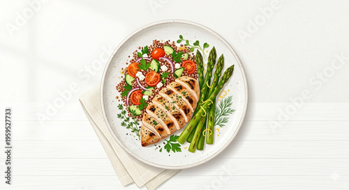 Grilled chicken breast with asparagus and quinoa salad on white plate, textured vector illustration
