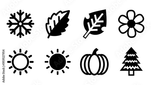 Minimalist seasonal nature icon set representing winter spring summer and autumn for weather and environment design