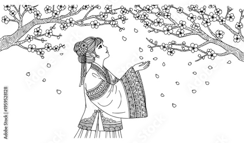 Chinese Girl in Hanfu Under Plum Blossom Tree Coloring Page Vector Illustration