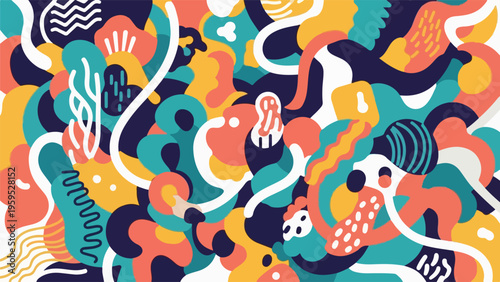 Colorful abstract artwork featuring organic shapes and flowing lines