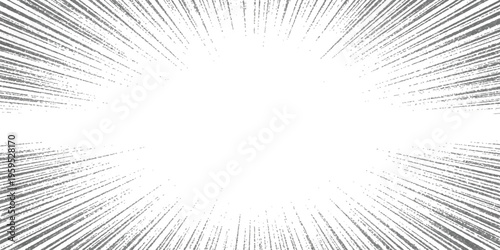 A high contrast manga style radial speed line background with a central white circular focal point