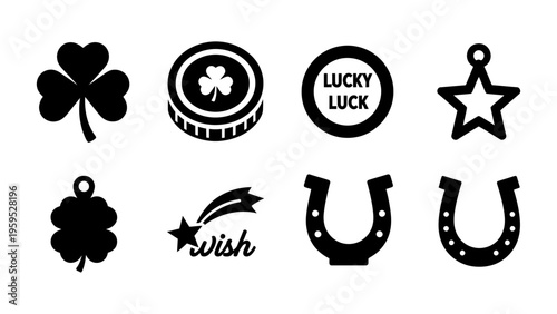Set of black lucky charm icons including shamrock horseshoe and shooting star for success and fortune