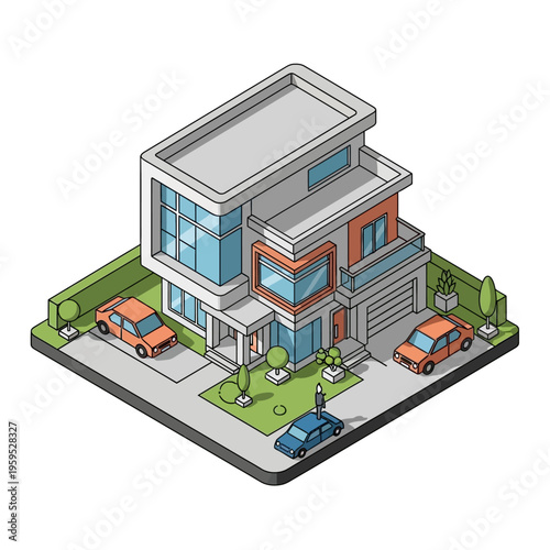 Isometric view of a modern multi-story residential house with a garage and two cars parked in the driveway, surrounded by a green lawn and hedges.