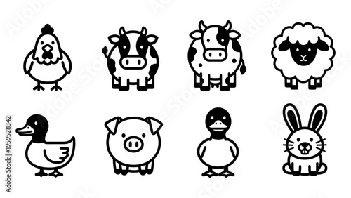 Minimalist farm animal icon set with chicken cow sheep duck pig and rabbit for agriculture and education branding