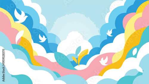 Colorful abstract artwork of stylized clouds, leaves, and doves