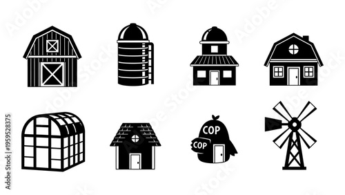 Set of black farm building icons including barn silo windmill and greenhouse for agricultural design