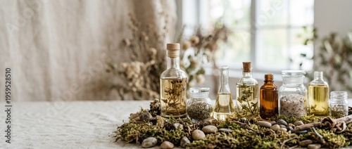 Natural Essential Oils and Herbal Ingredients in Glass Bottles on Moss and Stones for Eco Friendly Skincare and Aromatherapy