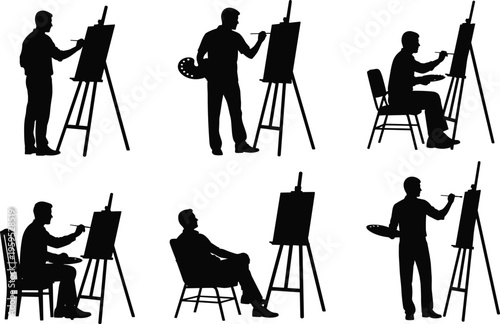 Silhouettes of male and female tennis players in various action poses, serving, hitting forehands, backhands, and volleys, isolated on white background