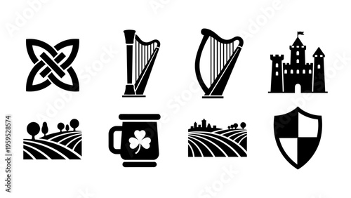 Set of black Irish and Celtic icons including harp castle shamrock and landscape for heritage and travel design