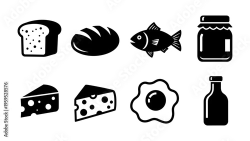 Minimalist black food icons set with bread fish cheese egg and milk for grocery and nutrition design