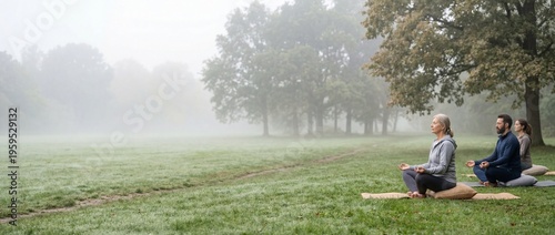 Diverse Group Practicing Mindful Yoga and Outdoor Meditation in a Misty Morning Park Setting on Grass Mats