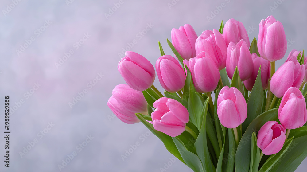 Fototapeta premium Pink tulips arranged on pastel background creating fresh spring floral banner with copy space.