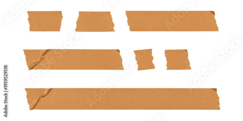 A collection of various pieces of brown adhesive masking tape isolated on a clean white background