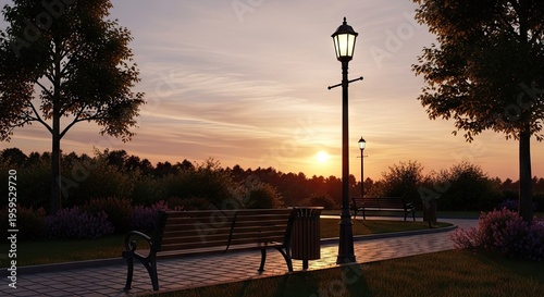 Evening park scene with bench lamp and trees silhouette under sunset sky
