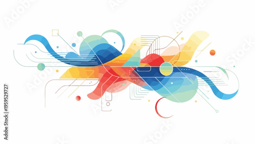 Colorful abstract artwork featuring overlapping shapes and lines