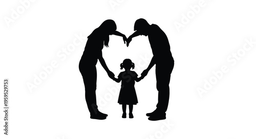 Silhouette of loving parents forming a symbolic heart shape around their small child.