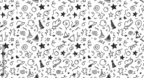 Seamless doodle party pattern with stars ribbons confetti spirals hats and sketch elements abstract hand drawn festive background on transparent background