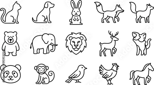 animal outline icon set, vector collection of pets and wildlife including cat dog rabbit fox elephant lion deer monkey and bird isolated on transparent background