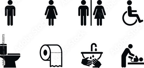 Public restroom and bathroom facility icons set with male female wheelchair accessibility toilet paper sink hand washing and baby changing station symbols on transparent background