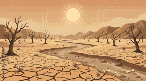 A barren desert landscape with cracked dry earth, skeletal dead trees, and a dry riverbed under a blazing sun. The mood is desolate and arid, suitable for environmental themes.