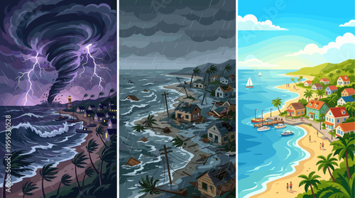 This triptych showcases the devastating impact of extreme weather events like hurricanes and cyclones, contrasting with a serene tropical beach scene, illustrating disaster and recovery.