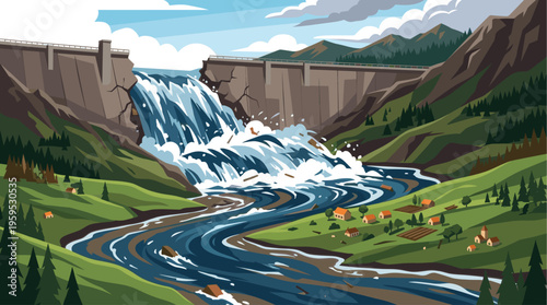 A wide-angle illustration depicts a large dam with water gushing from its spillway into a winding river below, surrounded by green hills, forests, and a small village.