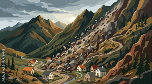 A dramatic illustration depicts a quaint village nestled at the base of a steep mountain, threatened by a massive rockslide cascading down the slopes.