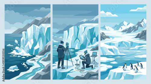 Scientists in polar gear conduct research in an arctic landscape with glaciers, icebergs, and penguins. The stylized illustration shows data collection and natural environment observation.