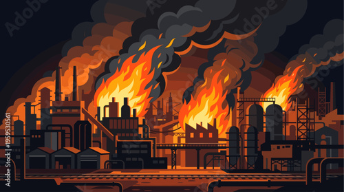A stylized, graphic illustration depicts a sprawling industrial factory complex engulfed in a massive fire with thick plumes of smoke billowing into the dark sky.